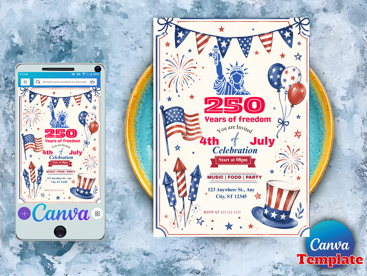America 250th Anniversary Invitation Template, 4th of July Party Invitation, USA Patriotic Red White Blue BBQ Invite Editable Canva Invite