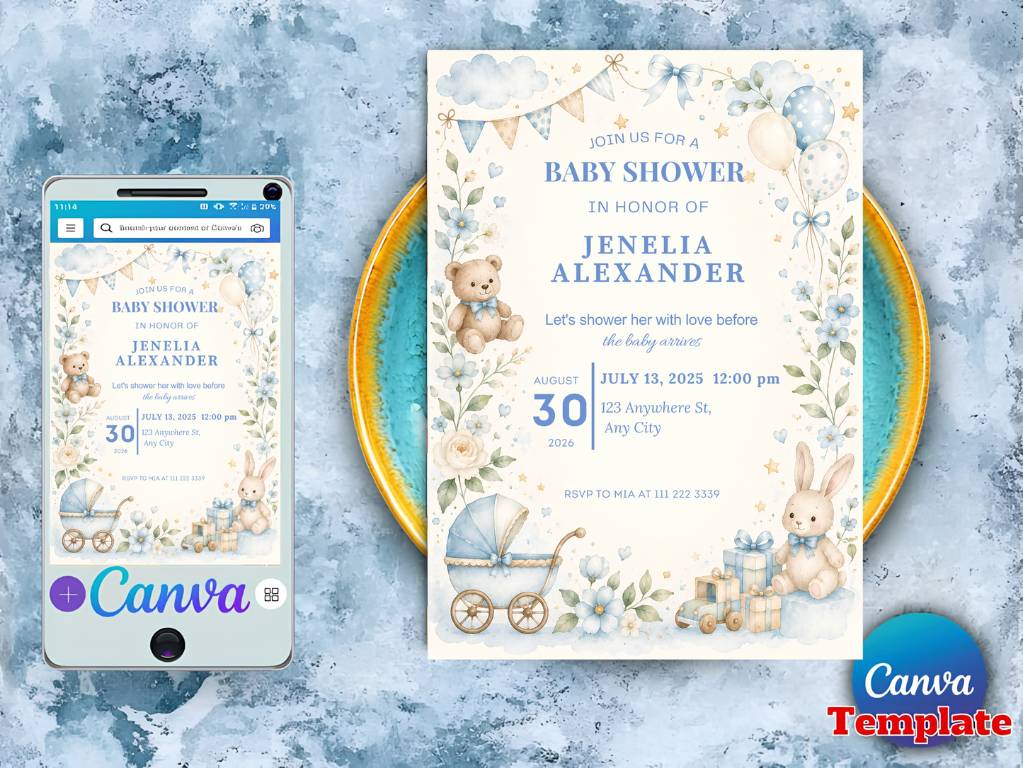 Blue Baby Shower Invitation Template, Vintage Nursery Toys Invite, Teddy Bear Rocking Horse, Floral Editable Printable Download