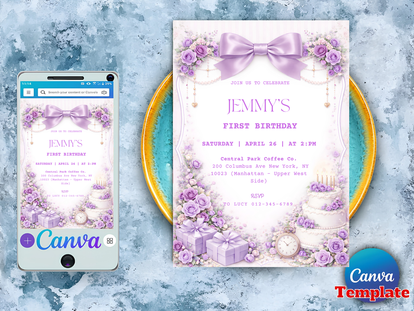 Editable Elegant Purple Rose 1st Birthday Invitation Template | Coquette Purple Bow Invite (Degital Template)