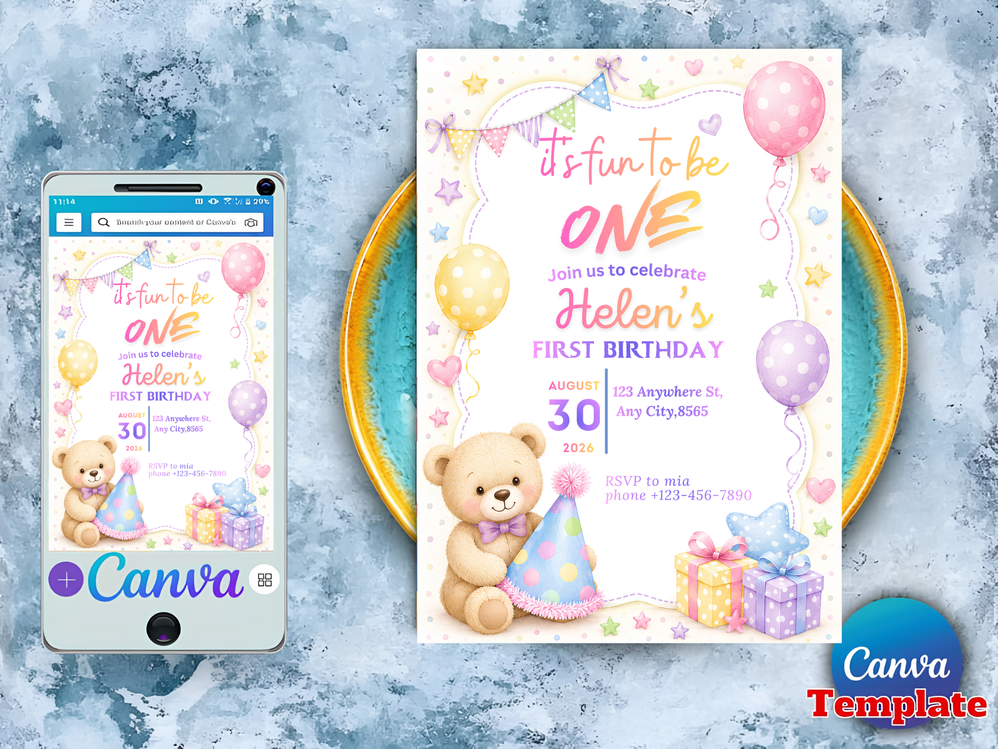 Teddy bear birthday invitation mobile preview on marble background