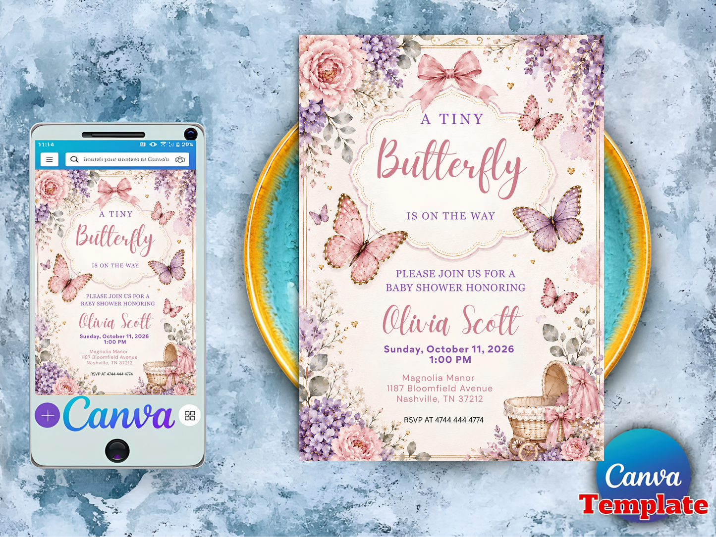 A Tiny Butterfly Baby Shower Invitation Canva Template, Floral Girl Shower Invite, Pink Purple Editable Butterfly Baby Shower Invitation