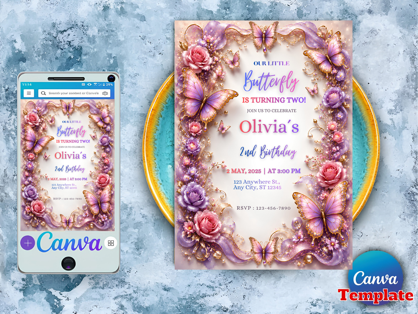 A digital invitation template displayed on a smartphone screen and as a larger desktop preview, featuring pastel purple and pink butterflies, flowers, and elegant typography on a textured light blue background. Canva branding is visible on both the phone and the template badge.