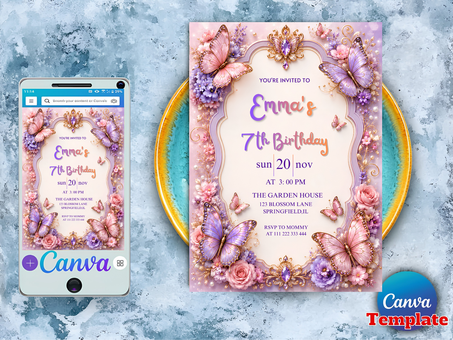 Butterfly Birthday Invitation Template, Floral Editable Invite, Girl Birthday Party Canva Template, Purple Pink, Instant Download
