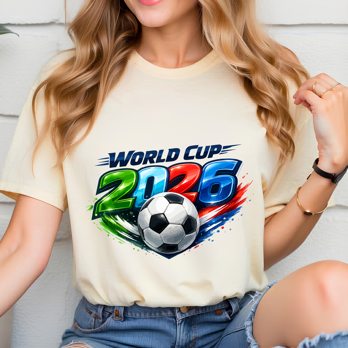 World Cup 2026 Vibrant Graphic Football Cream Cotton T-Shirt (physical)