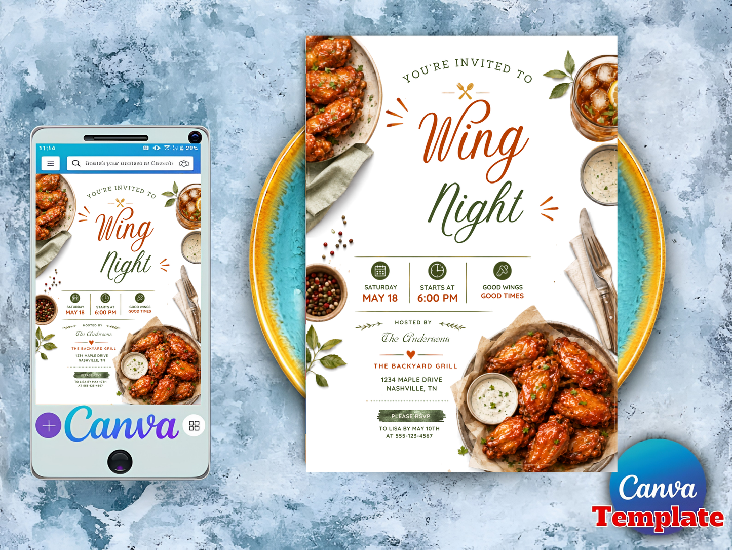 A digital invitation template for 'Wing Night' shown on a smartphone mockup and a larger desktop preview, featuring appetizing wing photos, decorative text, and a Canva template badge on a blue textured background.