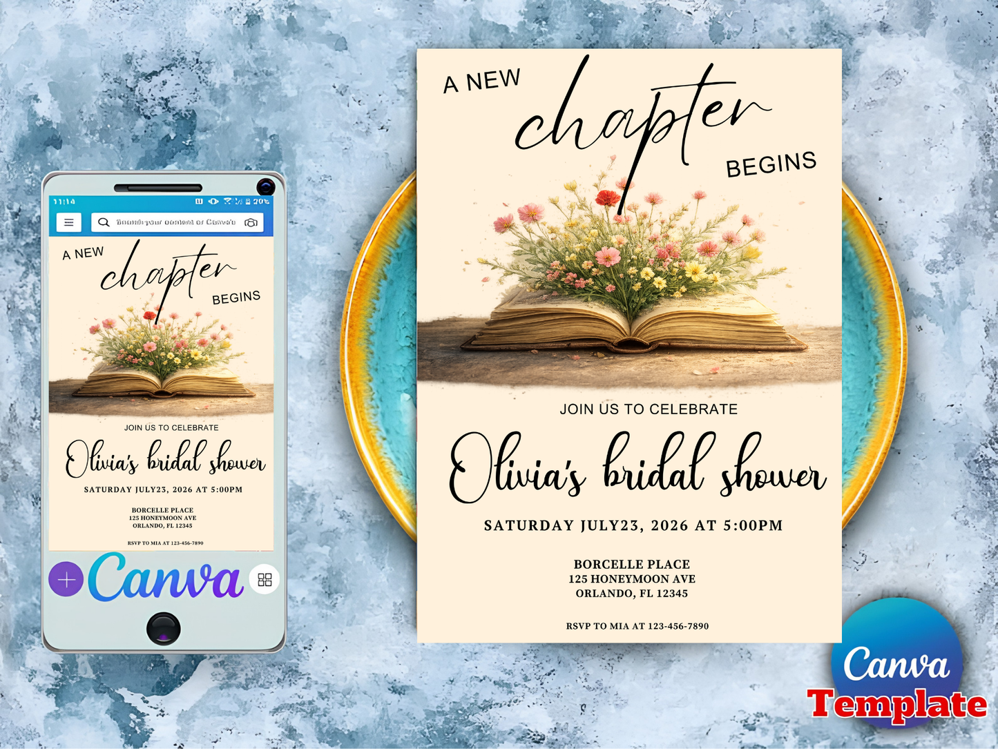 A New Chapter Bridal Shower Invite Set, Book Themed Bachelorette Party, Editable in Canva
