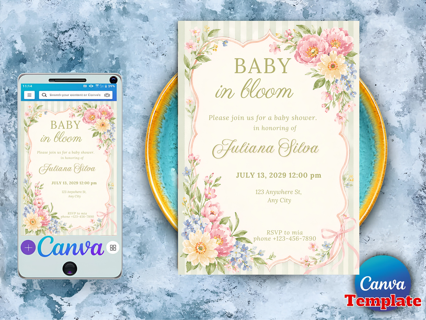 Baby in Bloom Shower Invitation Editable Template, Pastel Floral Baby Shower Invite, Vintage Botanical, Canva Template