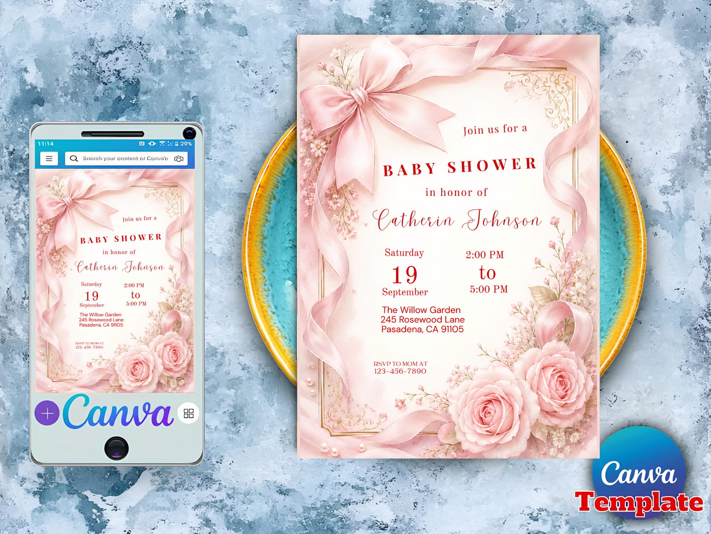 Blush Pink Bow Baby Shower Invitation Template Baby Girl Shower Canva Template Elegant Pink Coquette Baby Shower Invitation Instant Download