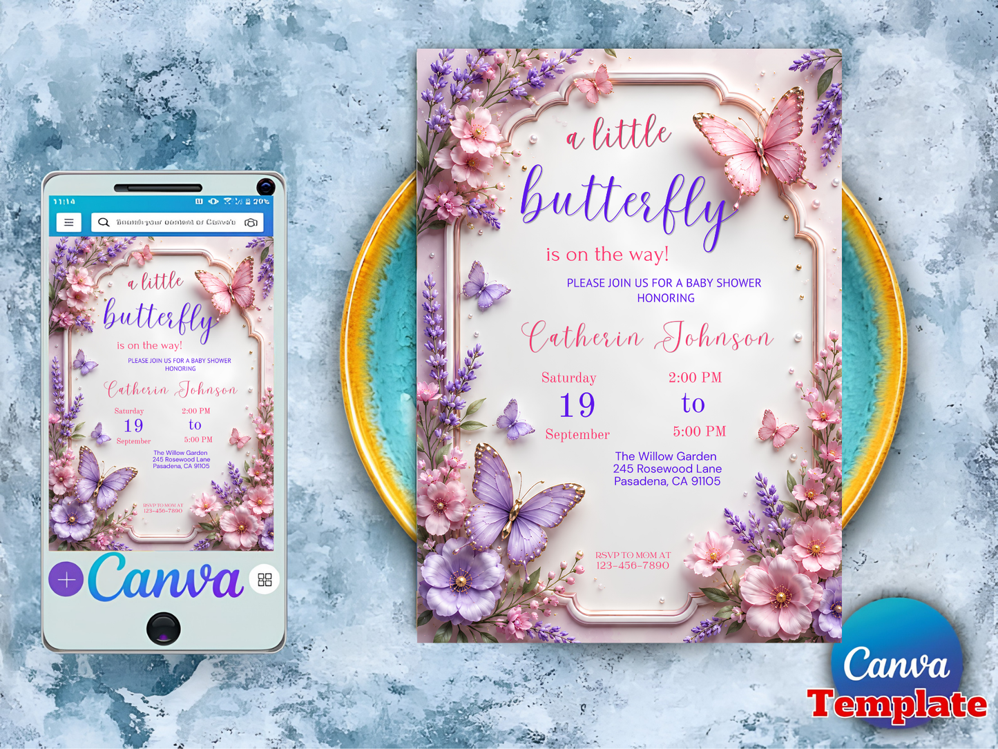 Editable Butterfly Baby Shower Invitation, Baby Shower Invite, Butterfly Invitation, Canva Template, Instant Download