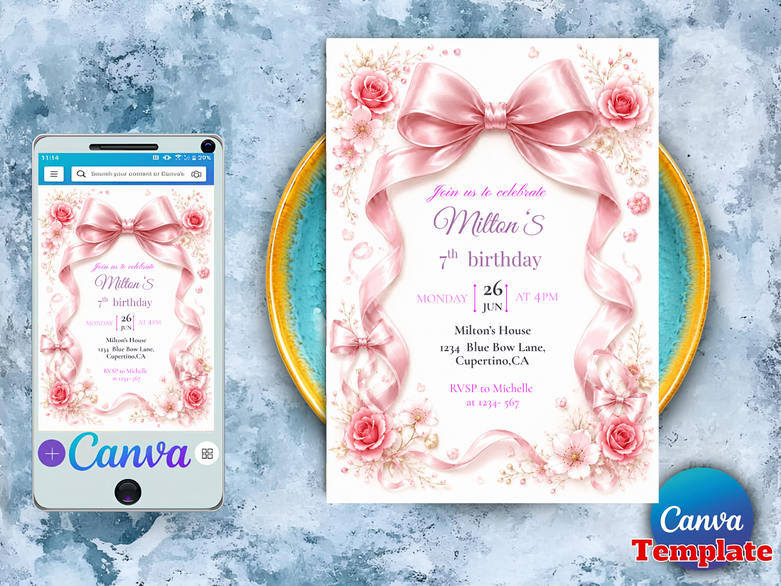 A digital invitation template shown on a smartphone screen and as a larger card layout, featuring a pink ribbon bow, pink roses, and floral accents on a light blue textured background. Canva branding is visible on the phone and as a template badge.