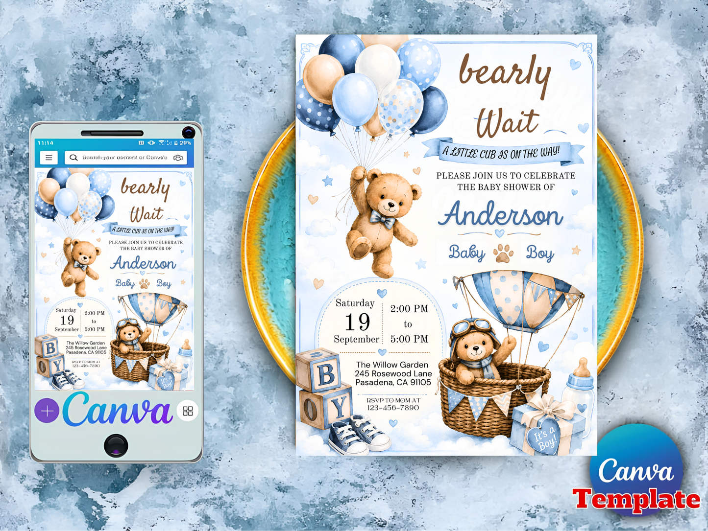 Editable Bear Baby Shower Invitation | We Can Bearly Wait Boy Party (Digital Download)