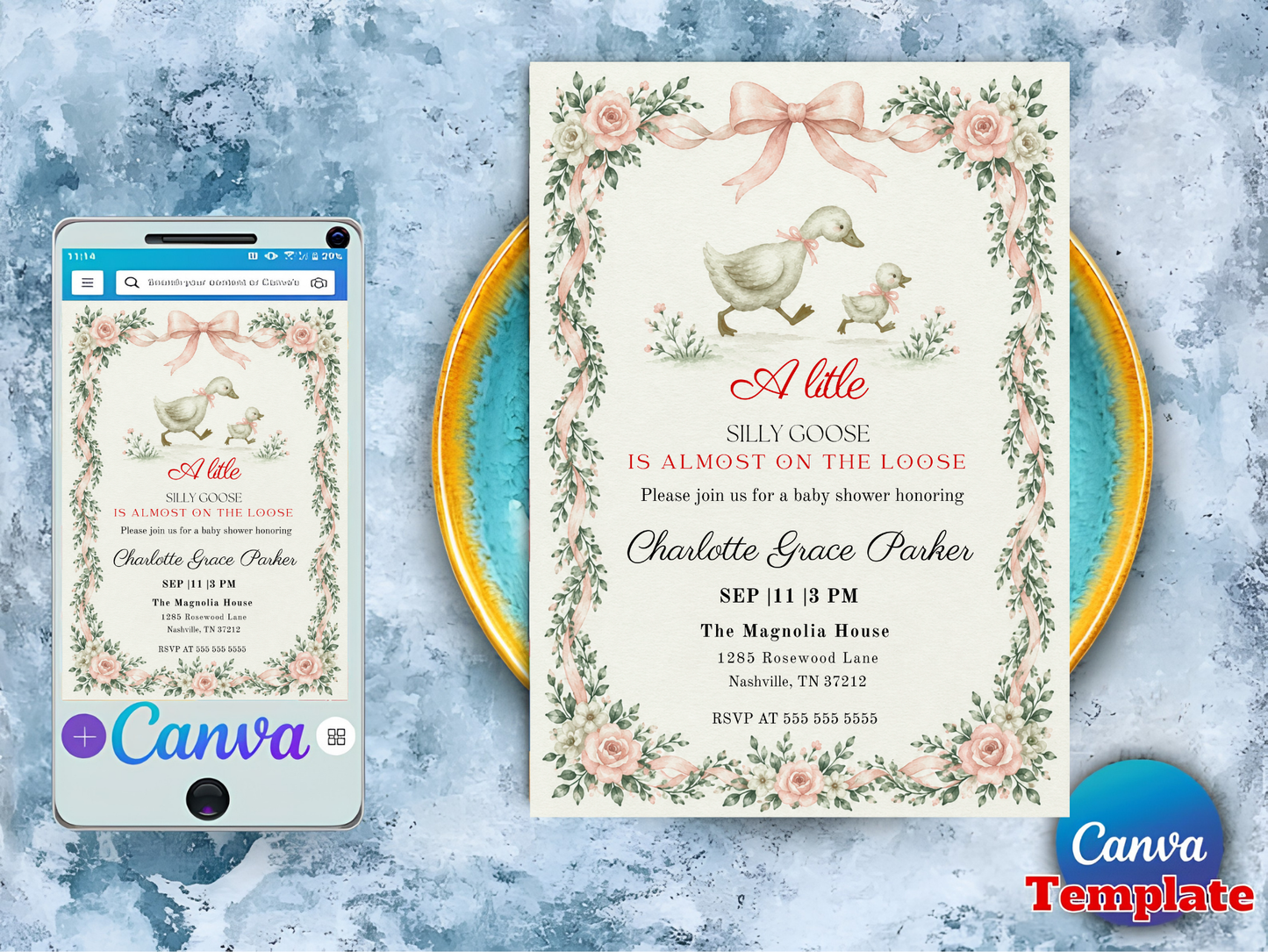 Silly Goose Baby Shower Invitation Template, Pink Gingham Girl Baby Shower Invite, Silly Goose Invite, Digital Invitation, Canva