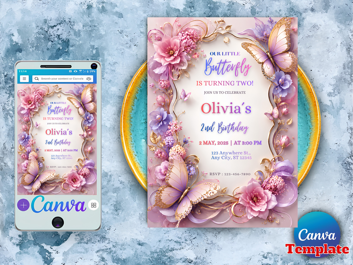 A digital invitation template shown on a smartphone screen and as a larger desktop preview, featuring pastel pink and lavender floral artwork with butterflies and gold decorative borders on a blue textured background. Canva branding is visible on the phone and in the template badge.