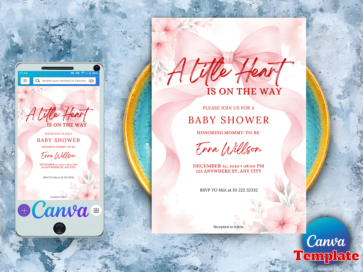 Pink Bow Baby Shower Invitation Template 5x7 | Baby Girl Shower Canva Invite Coquette Bow Baby Shower | Editable Text Only Instant Download