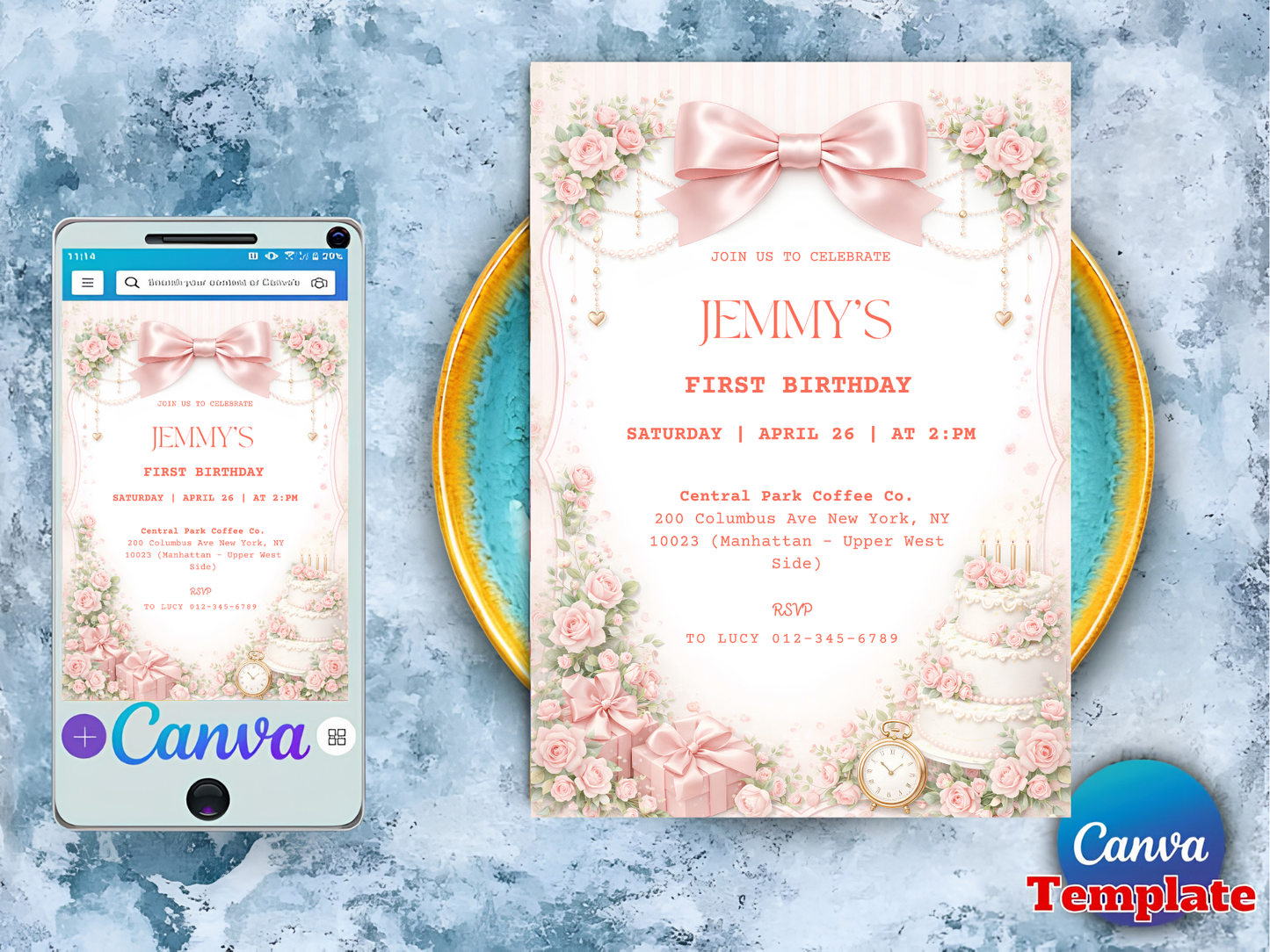 Editable Elegant Pink Rose 1st Birthday Invitation Template | Coquette Pink Bow Party Invite (Degital Template)