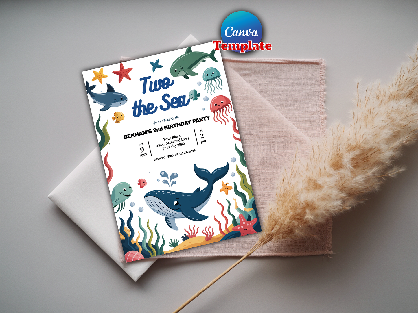 Editable Two the Sea 2nd Birthday Party Invitation Under The Sea 2nd Birthday Whale Shark Sea Life Party Instant Download Editable
