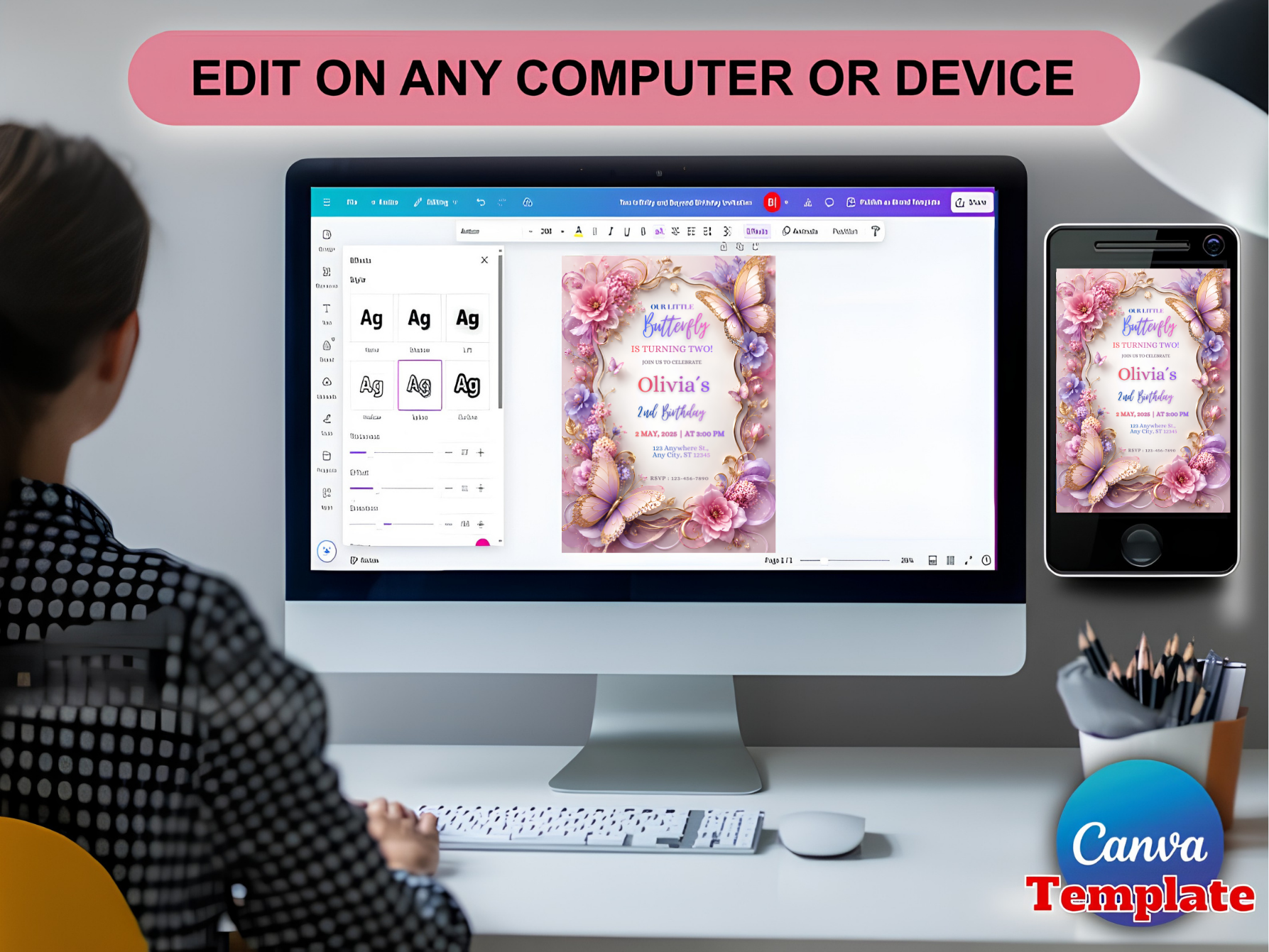 A person sits at a desk using a computer and phone to view and edit a floral invitation template on a Canva screen. A pink banner at the top reads 'EDIT ON ANY COMPUTER OR DEVICE' and a blue Canva Template logo appears in the bottom right corner.