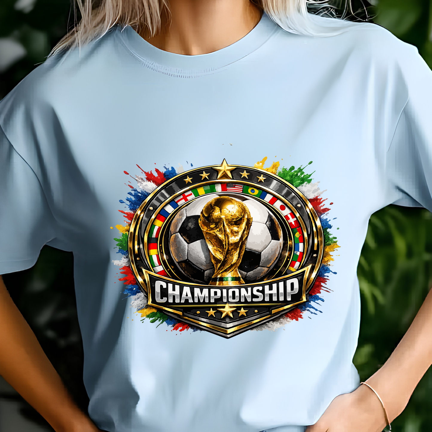 World Cup Soccer Championship Gold Emblem T-Shirt - Global Football Fan Graphic Tee (physical)