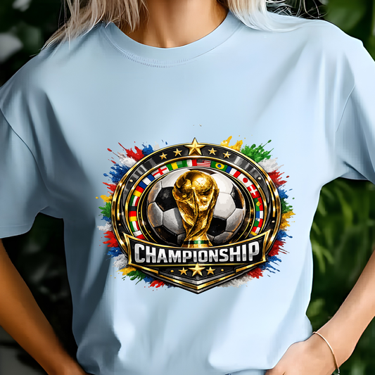World Cup Soccer Championship Gold Emblem T-Shirt - Global Football Fan Graphic Tee (physical)