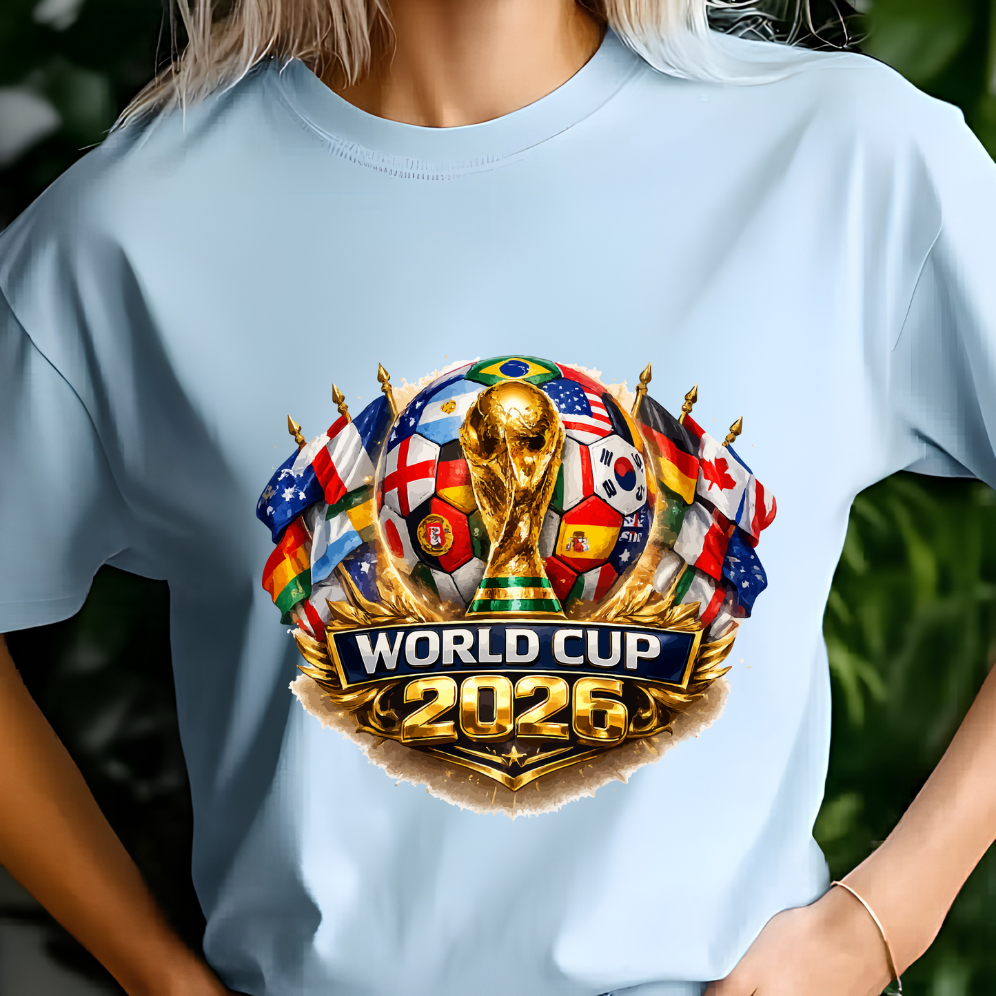 Official 2026 World Cup Multi-National Flags Graphic Print Light Blue T-Shirt (physical)