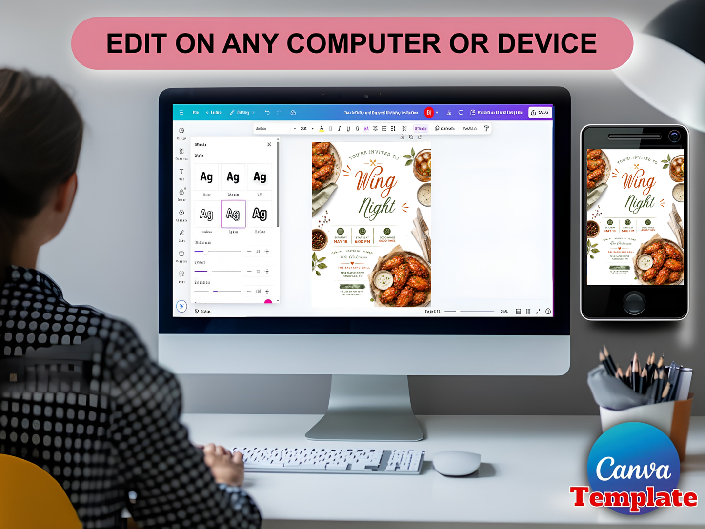 A person sits at a desk using a computer and phone to edit a Canva template for a wedding invitation or menu design. The screen shows a food-themed layout with chicken wings, and a pink banner at the top reads 'EDIT ON ANY COMPUTER OR DEVICE'.
