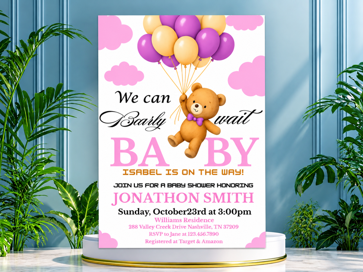 Editable Brown Bear Balloon Baby Shower Invitation Bundle, We Can Bearly Wait Baby Shower Invite, Pink Boho Bear Girl Baby Shower, BBS389