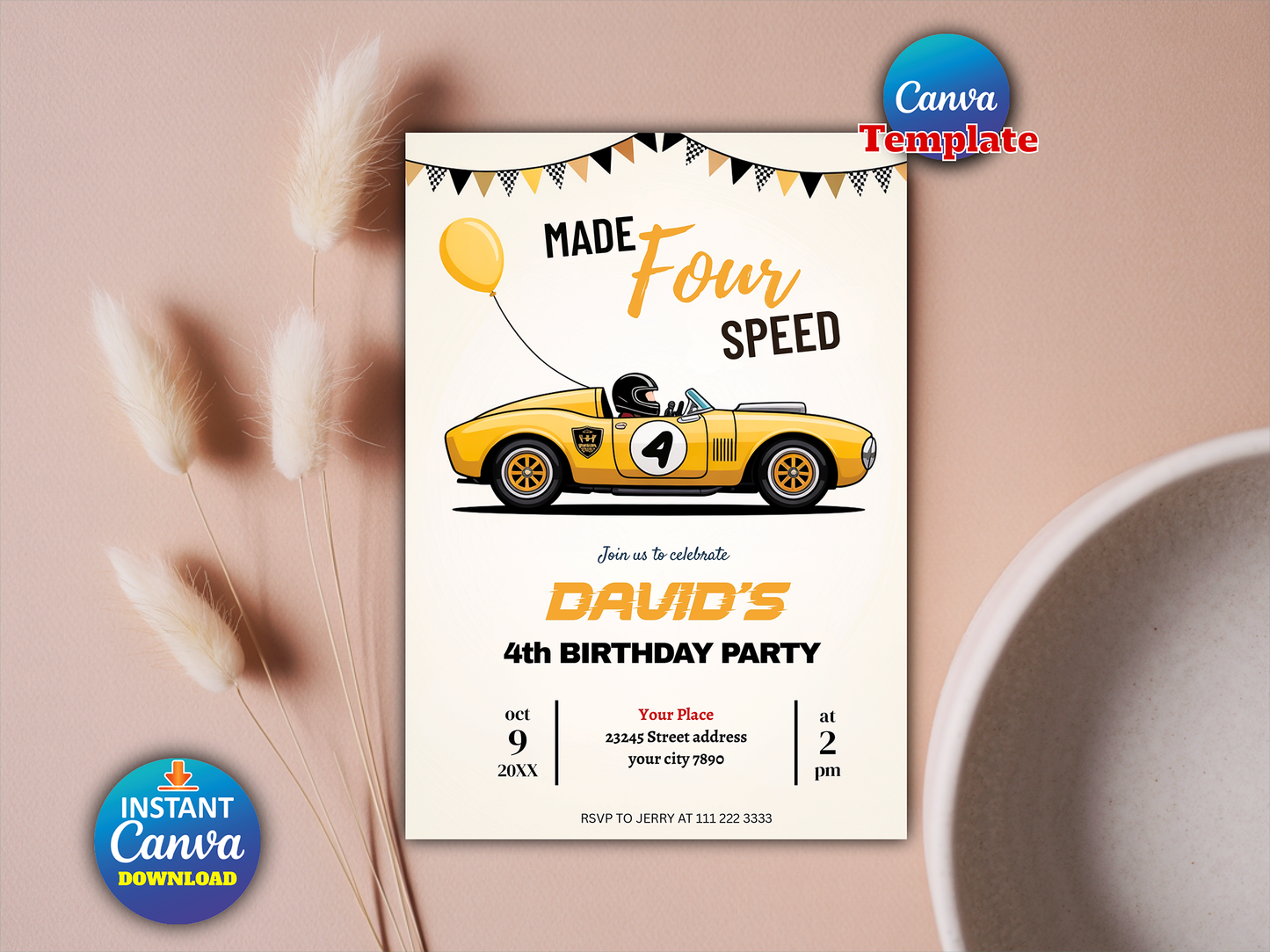 Editable Made Four Speed Race Car 4th Birthday Invitation Boy Vintage Yellow Race Car 4th Birthday Party Made 4 Speed Instant Download
