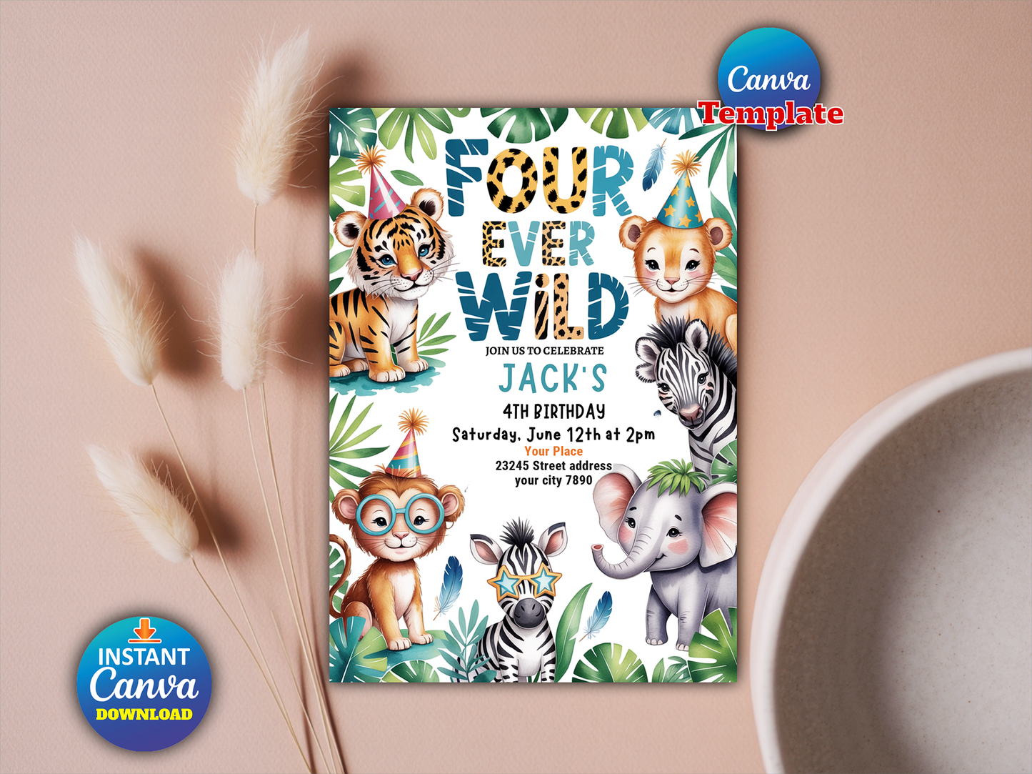 Editable Four Ever Wild Safari Animals Birthday Invitation Boy Tropical Cheetah Print Leopard Print Wild Safari Animals Party Download