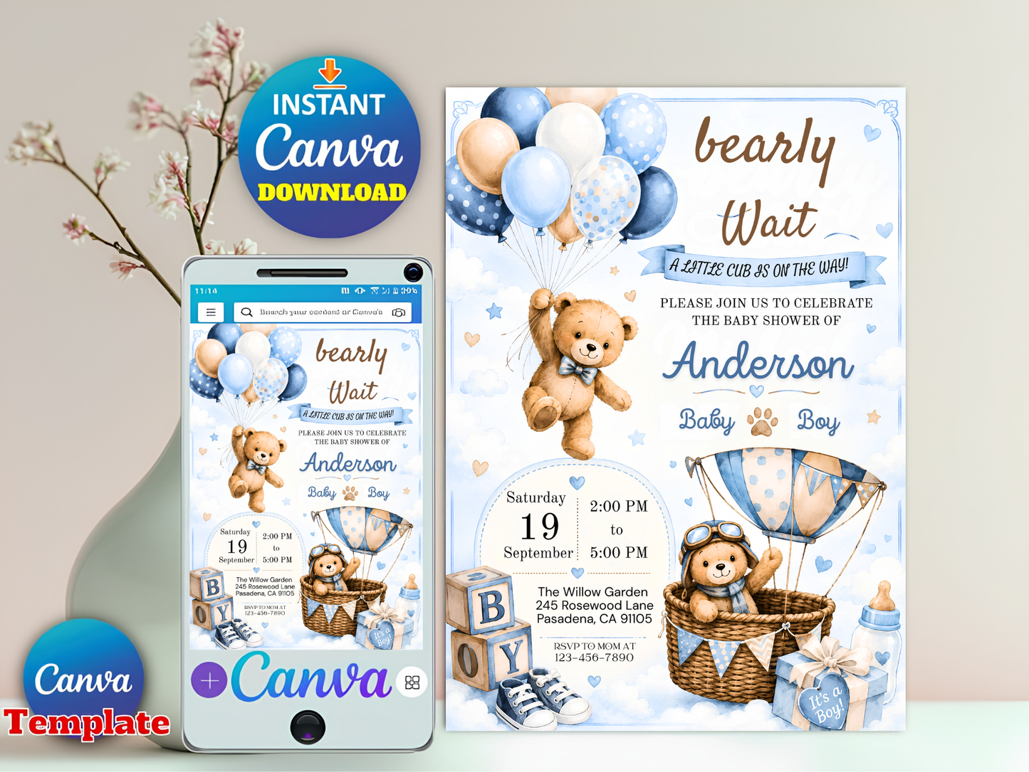 Editable Bear Baby Shower Invitation | We Can Bearly Wait Boy Party (Digital Download)