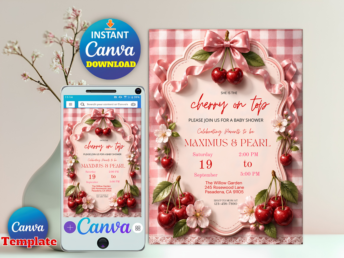 Editable She Is The Cherry On Top Baby Shower Invite | | Pink Gingham + Bow Canva Template (Digital Download)