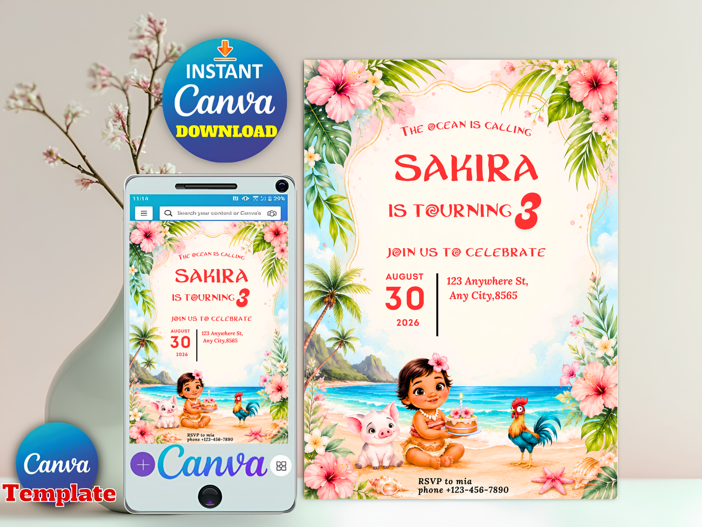 The Ocean Is Calling Birthday Invitation Girl, Polynesian Princess Beach Invite, Luau Birthday Canva Template Digital Download