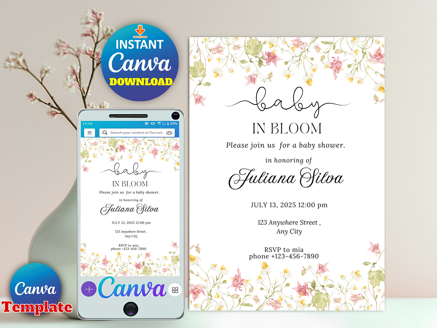 Editable Baby in Bloom Baby Shower Invitation, Wildflower Baby Shower Invite, Pink Spring Flowers Baby Shower Invitation, Canva Template