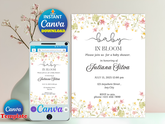 Editable Baby in Bloom Baby Shower Invitation, Wildflower Baby Shower Invite, Pink Spring Flowers Baby Shower Invitation, Canva Template