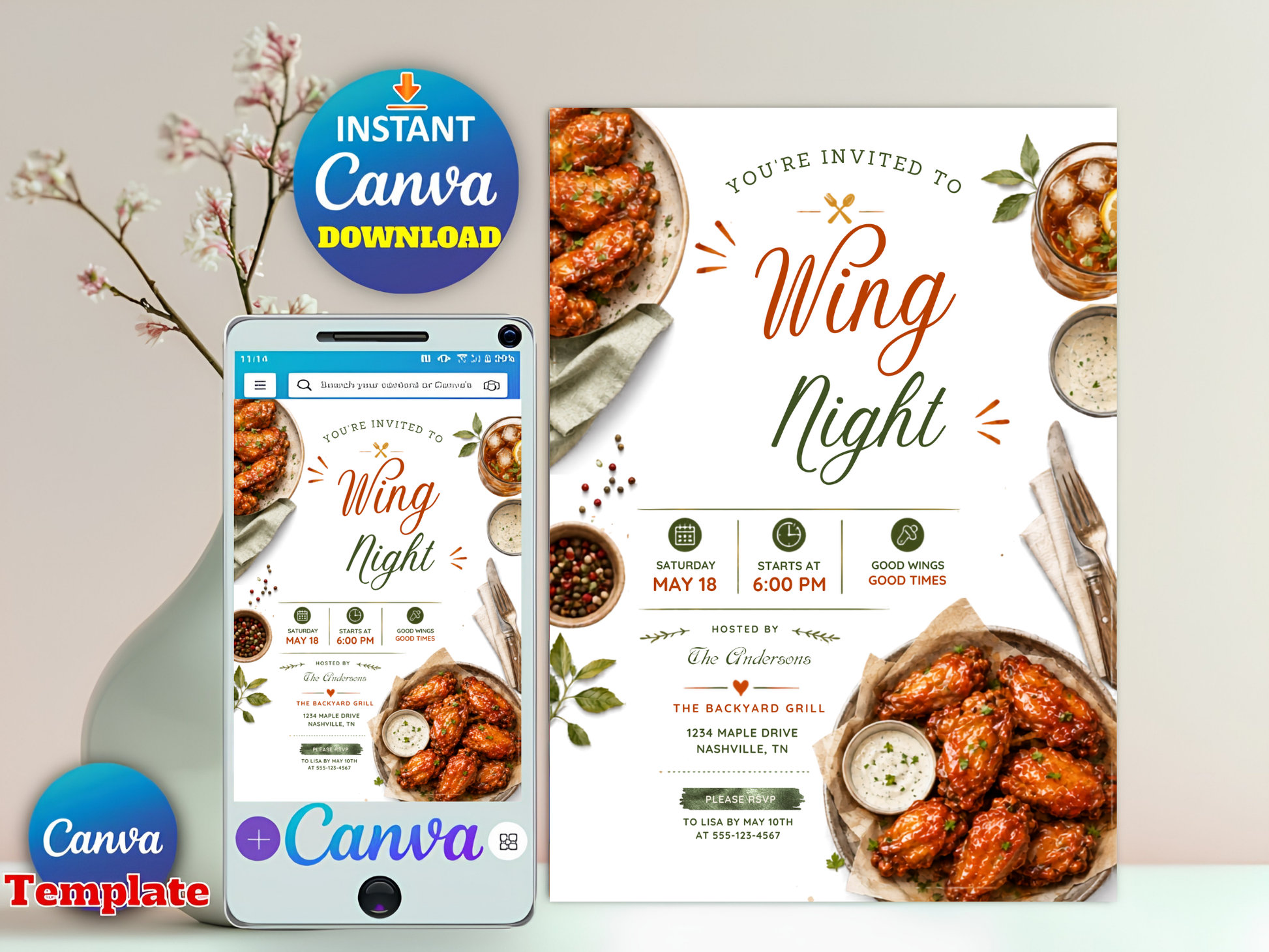 A digital invitation template for 'Wing Night' shown on a desktop mockup and a smartphone screen, with Canva branding and 'Instant Canva Download' badges. The design features appetizing photos of chicken wings, orange script text, and a clean layout on a light beige background with decorative cherry blossoms.
