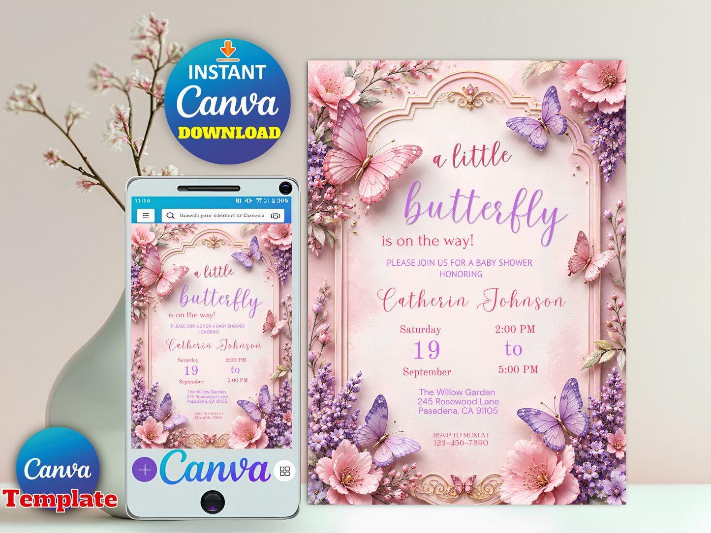 Butterfly Baby Shower Invitation Editable Template, Pink Purple Floral Butterfly Invite, Girl Baby Shower, Canva Template
