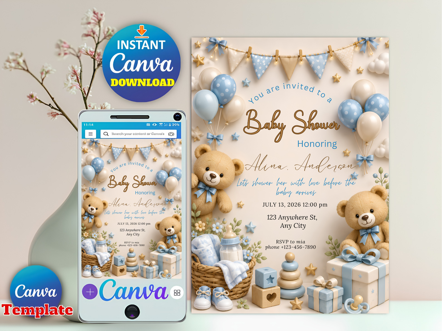 Baby Shower Invitation Template, Editable Canva Baby Shower Invite, Teddy Bear Baby Shower Invitation, Blue Boy Shower, Instant Download