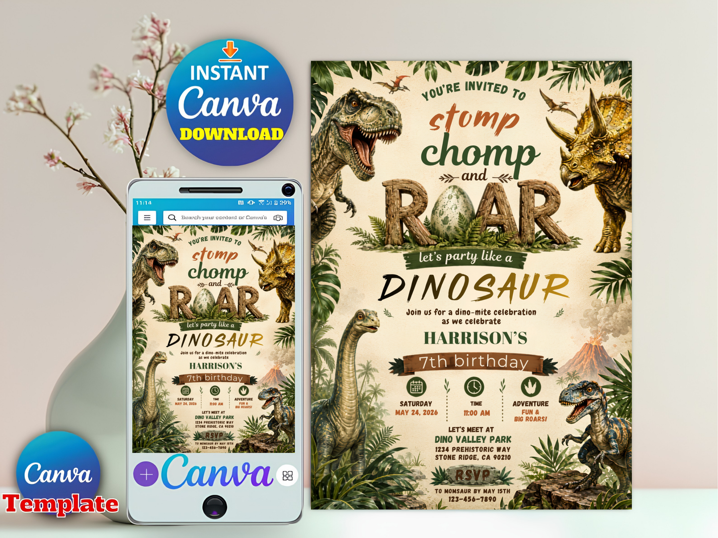A dinosaur-themed birthday invitation template shown as a large printed card and a phone mockup on a light beige background, with Canva promotional badges and decorative floral branches.