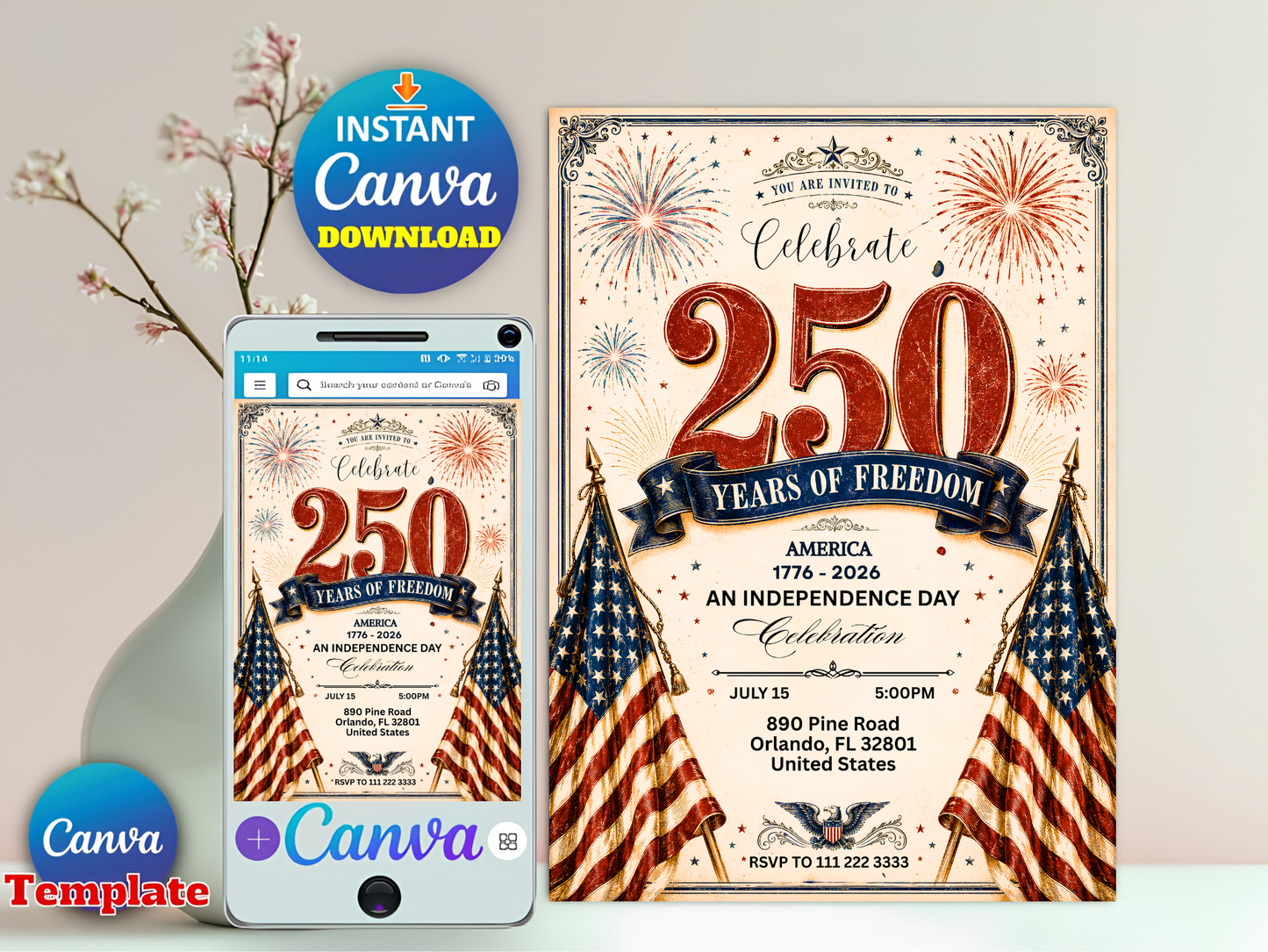 America 250 Party Invite, 4th of July Invitation, Patriotic BBQ, 250 Years of Freedom Celebration, Editable Canva Template