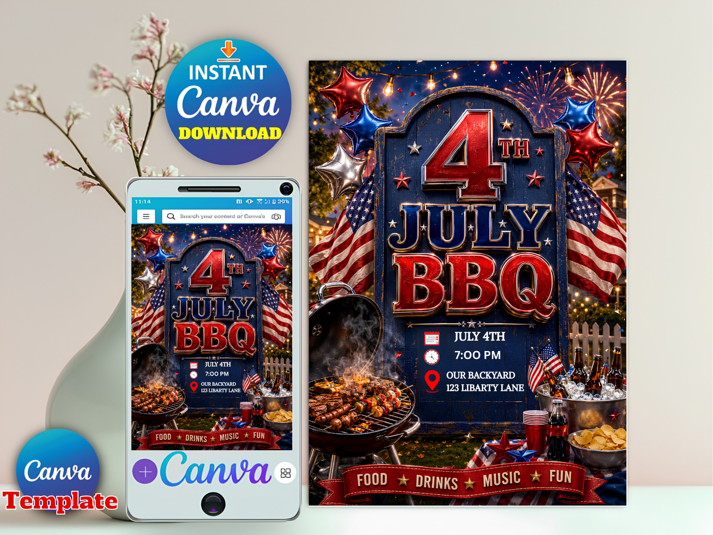 Editable 4th of July Party Invitation Template | USA Independence Day Fireworks Invite Canva