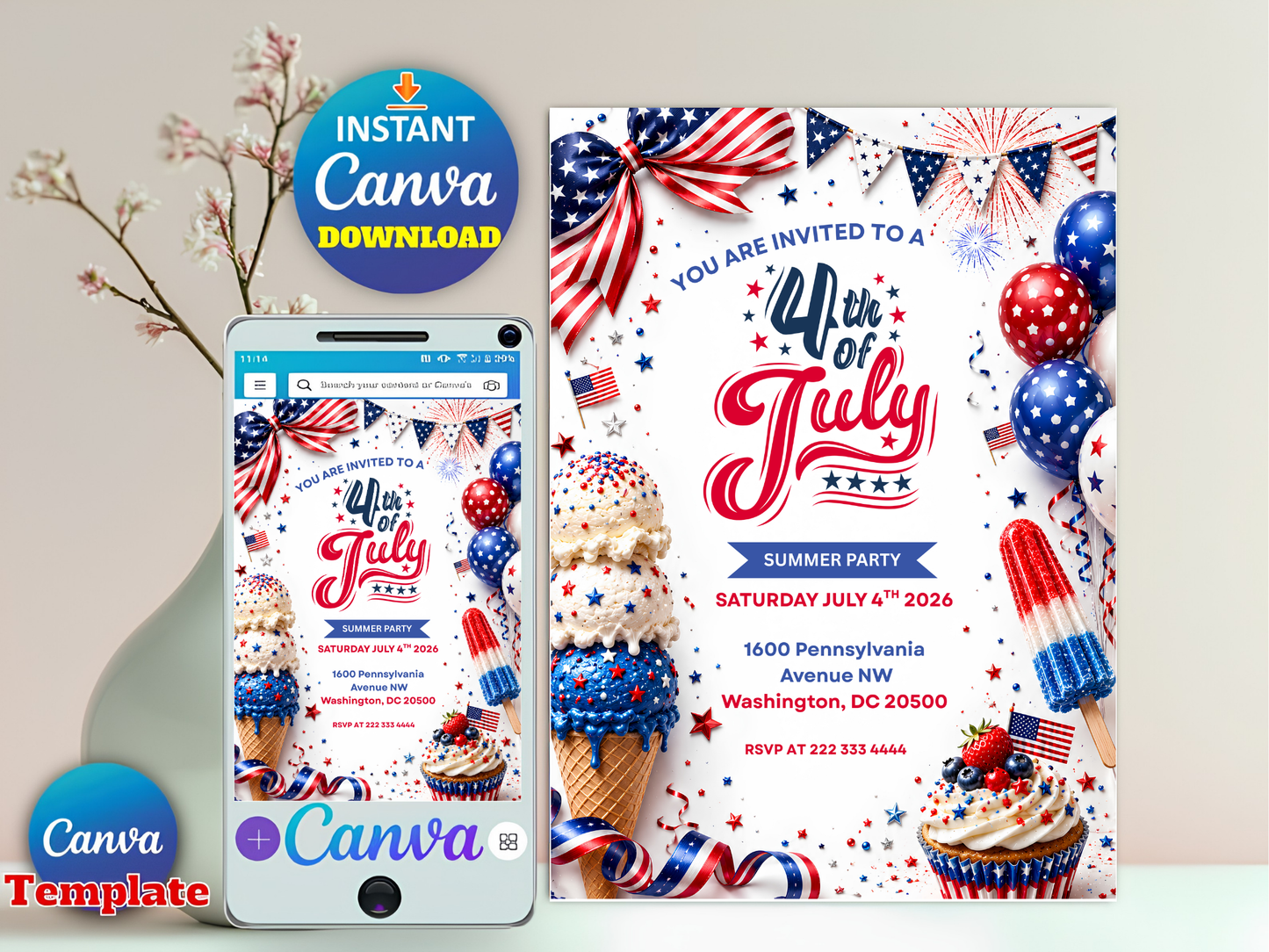 4th of July Invitation Template, USA Independence Day Invitation, Summer Party Invitation, Editable Canva BBQ Invite,