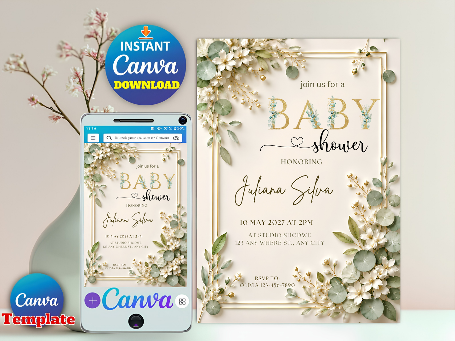 EDITABLE Elegant Baby Shower Invitation Green Leaves and Gold Baby Invite White Flowers Baby Shower Simple Baby Shower Invitation