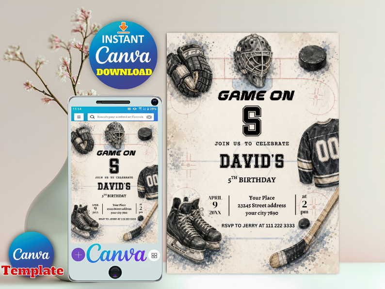 Editable Ice Hockey Birthday Invitation Template | Vintage Game On Sports Invite Canva  (Degital Template)
