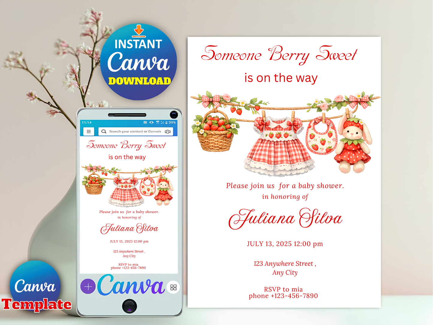 Berry Sweet Baby Shower Invitation Template, Strawberry Editable Invite, Girl Baby Shower Canva Template, Instant Download, Berry Theme