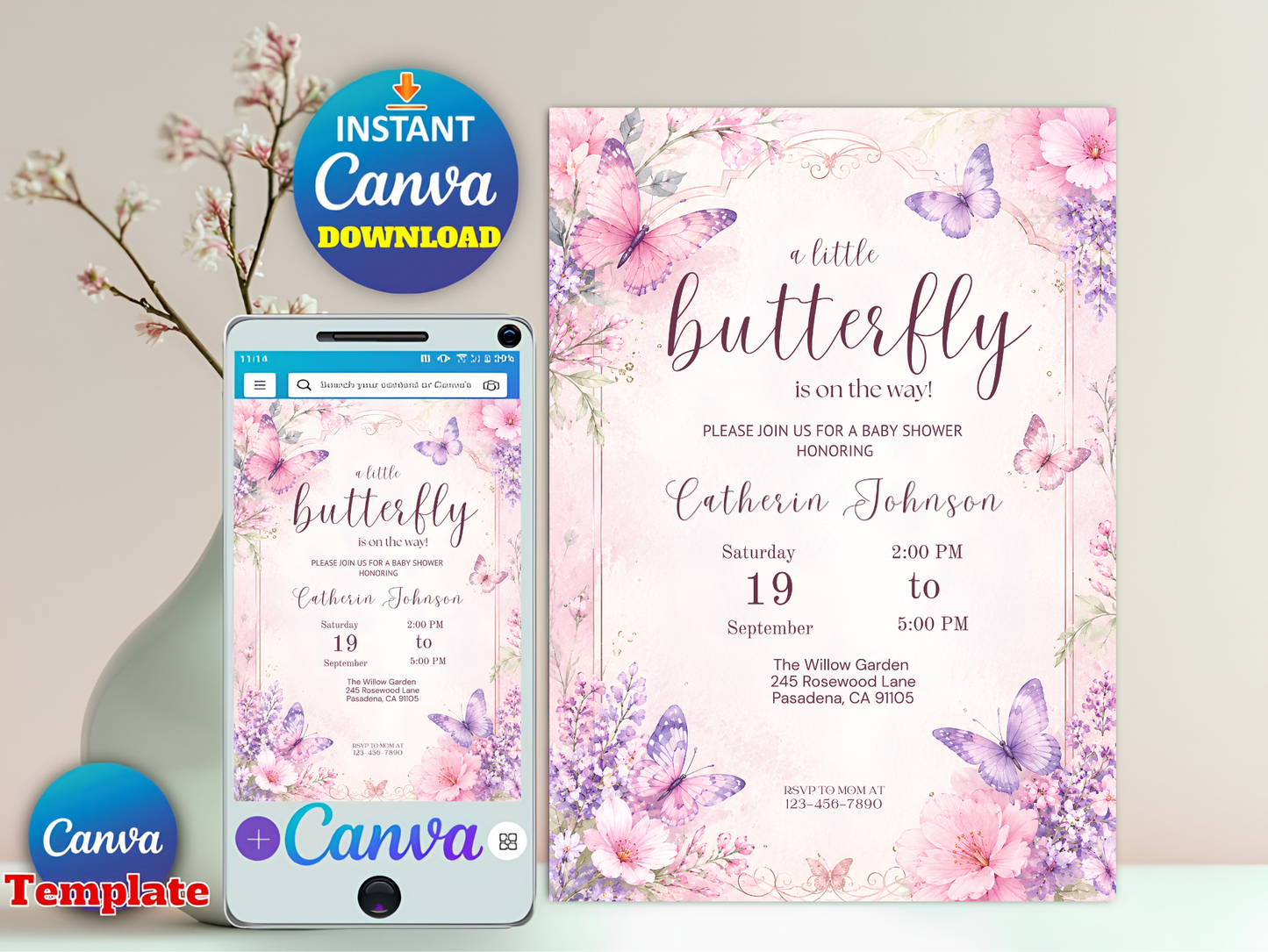 Butterfly Baby Shower Invitation Editable Template, Pink Purple Floral Butterfly Invite, Girl Baby Shower, Canva Template