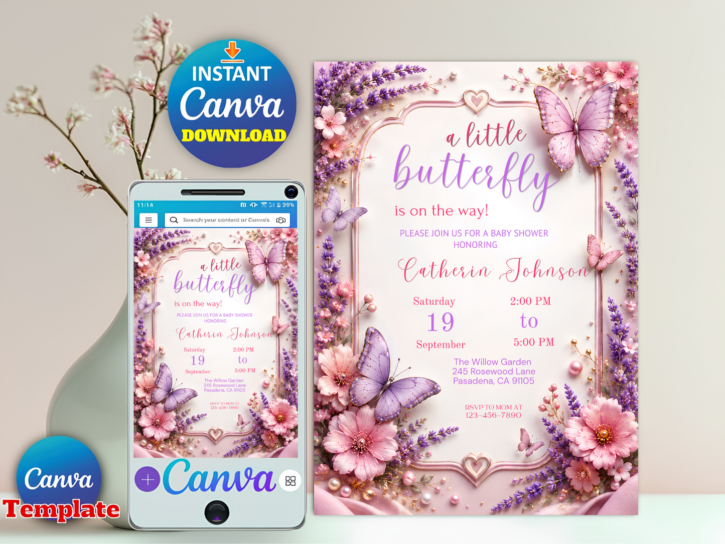Editable Butterfly Baby Shower Invitation for Girl, Watercolor Floral Canva Template
