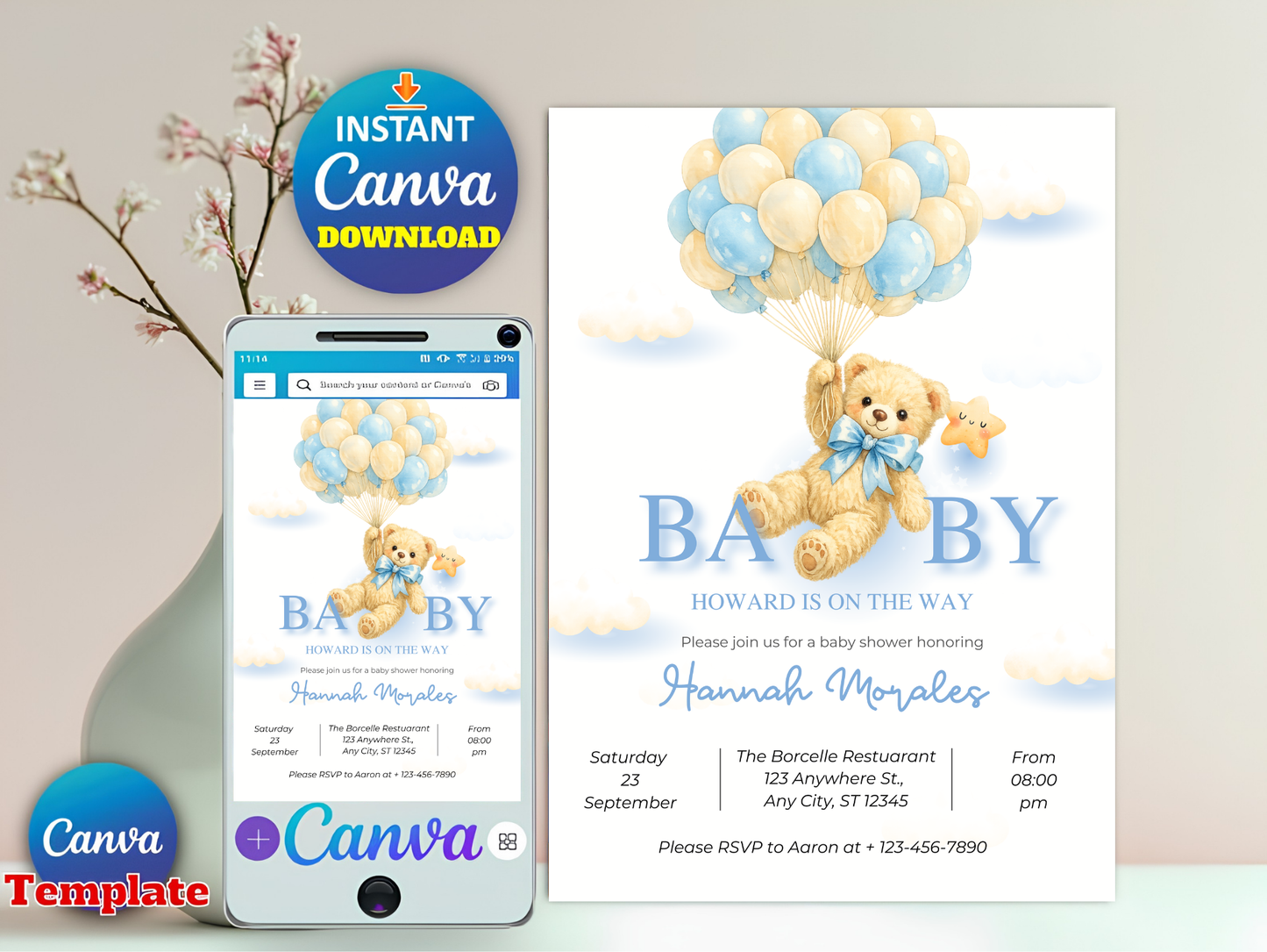 Editable Brown Bear Balloon Baby Shower Invitation, We Can Bearly Wait Baby Shower Invite, Blue Boy Boho Bear Baby Shower Canva Digital