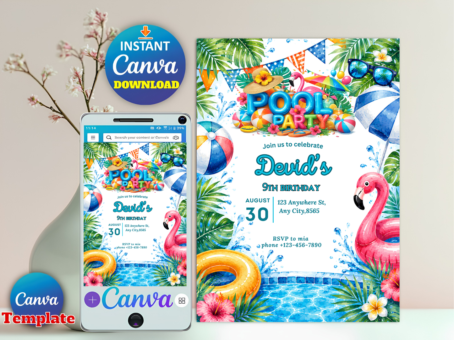 Pool Party Birthday Invitation, Pool Party Invite, Summer Pool Party, Pool Party Birthday, Teenage Birthday, Editable Canva Template