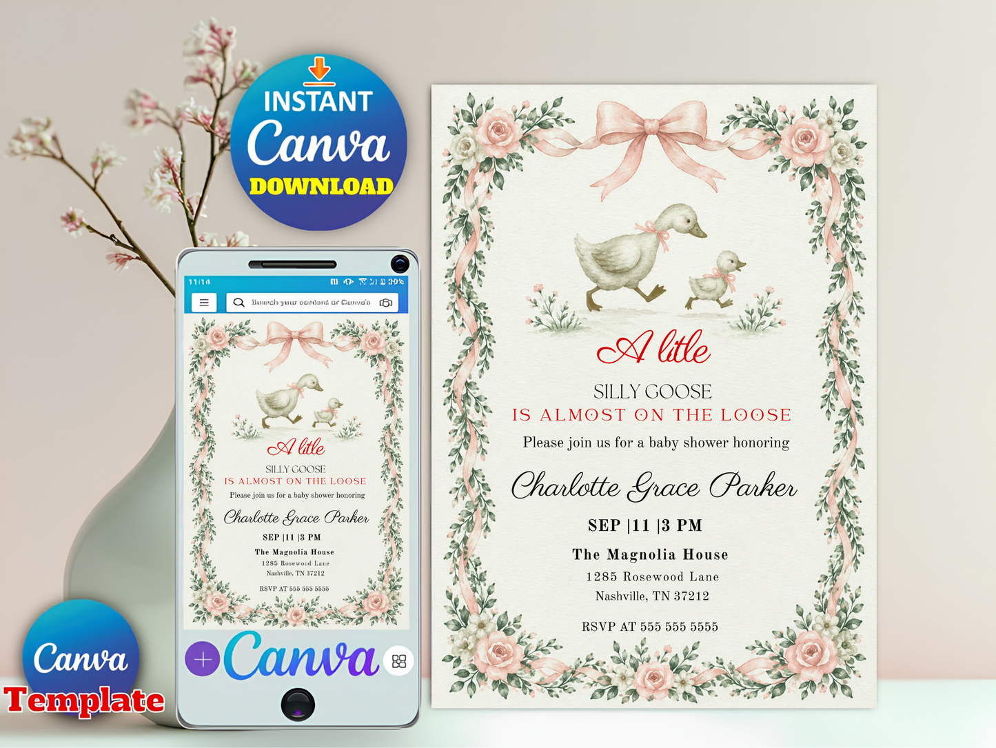 Silly Goose Baby Shower Invitation Template, Pink Gingham Girl Baby Shower Invite, Silly Goose Invite, Digital Invitation, Canva