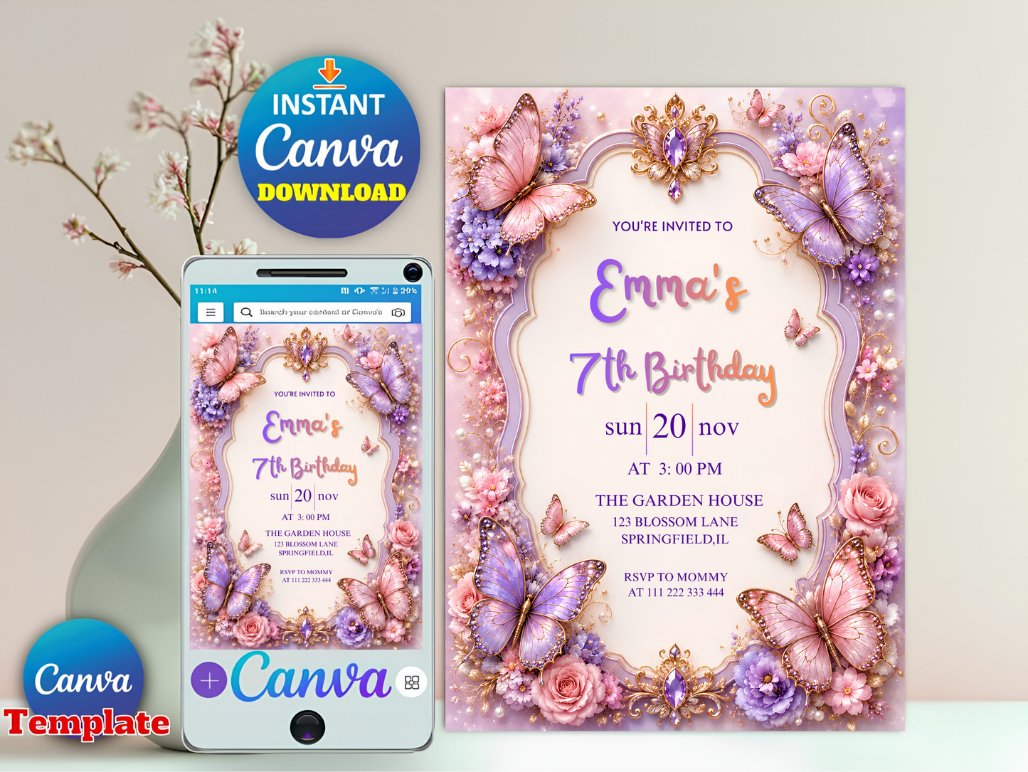 Butterfly Birthday Invitation Template, Floral Editable Invite, Girl Birthday Party Canva Template, Purple Pink, Instant Download