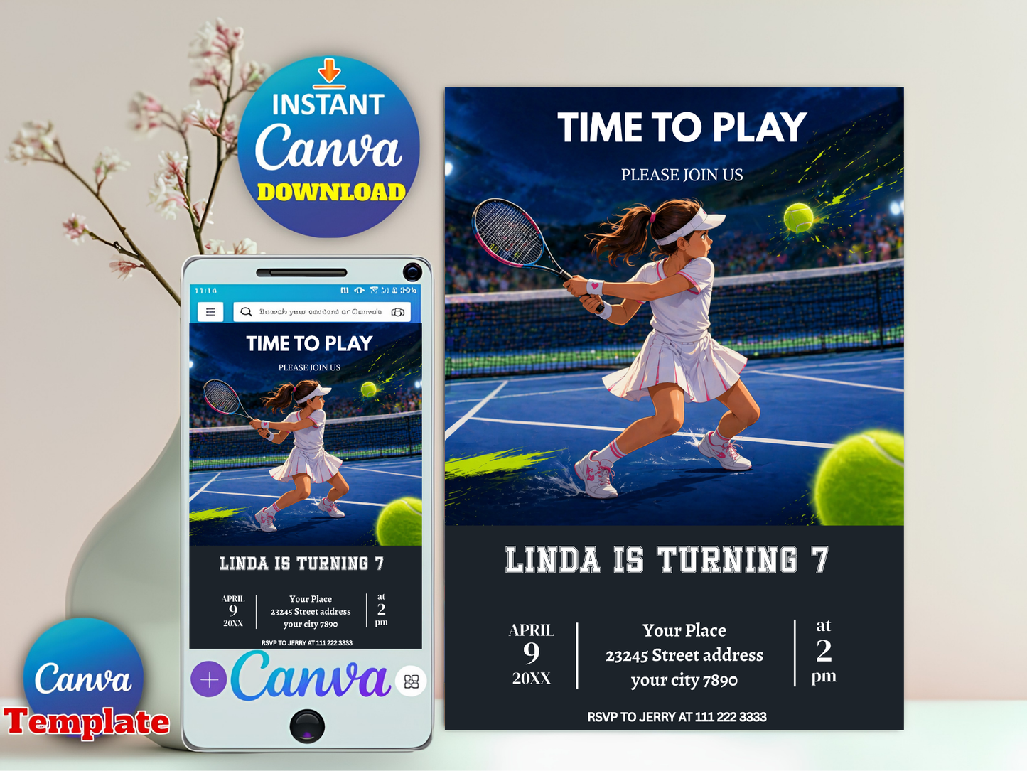 Tennis Birthday Invitation: Pink Preppy Girls Sports Party Reveal Editable Canva Template (Digital Download Design)